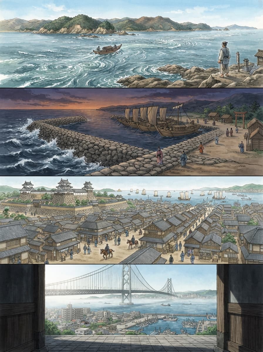 明石市の歴史を古代から現代まで4コマでたどるイメージ