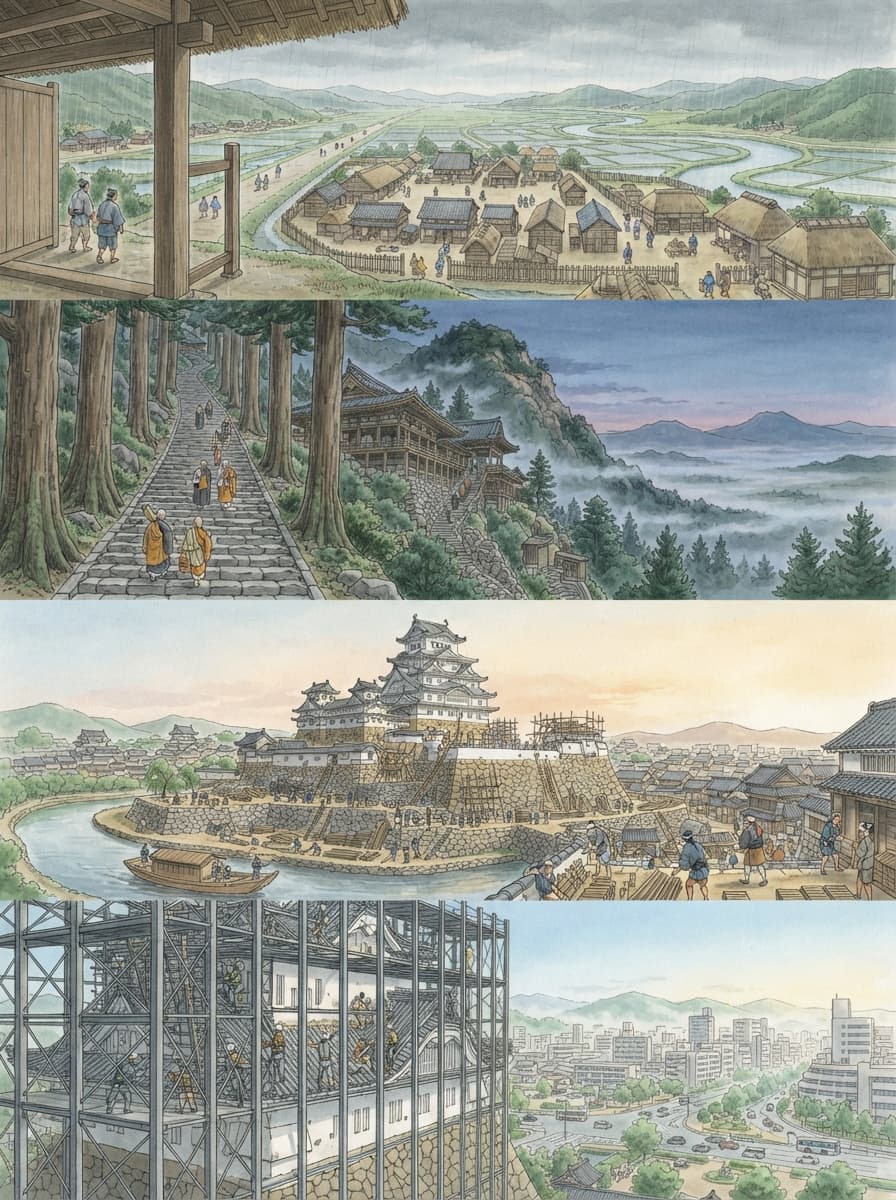 姫路市の歴史を古代から現代まで4コマでたどるイメージ