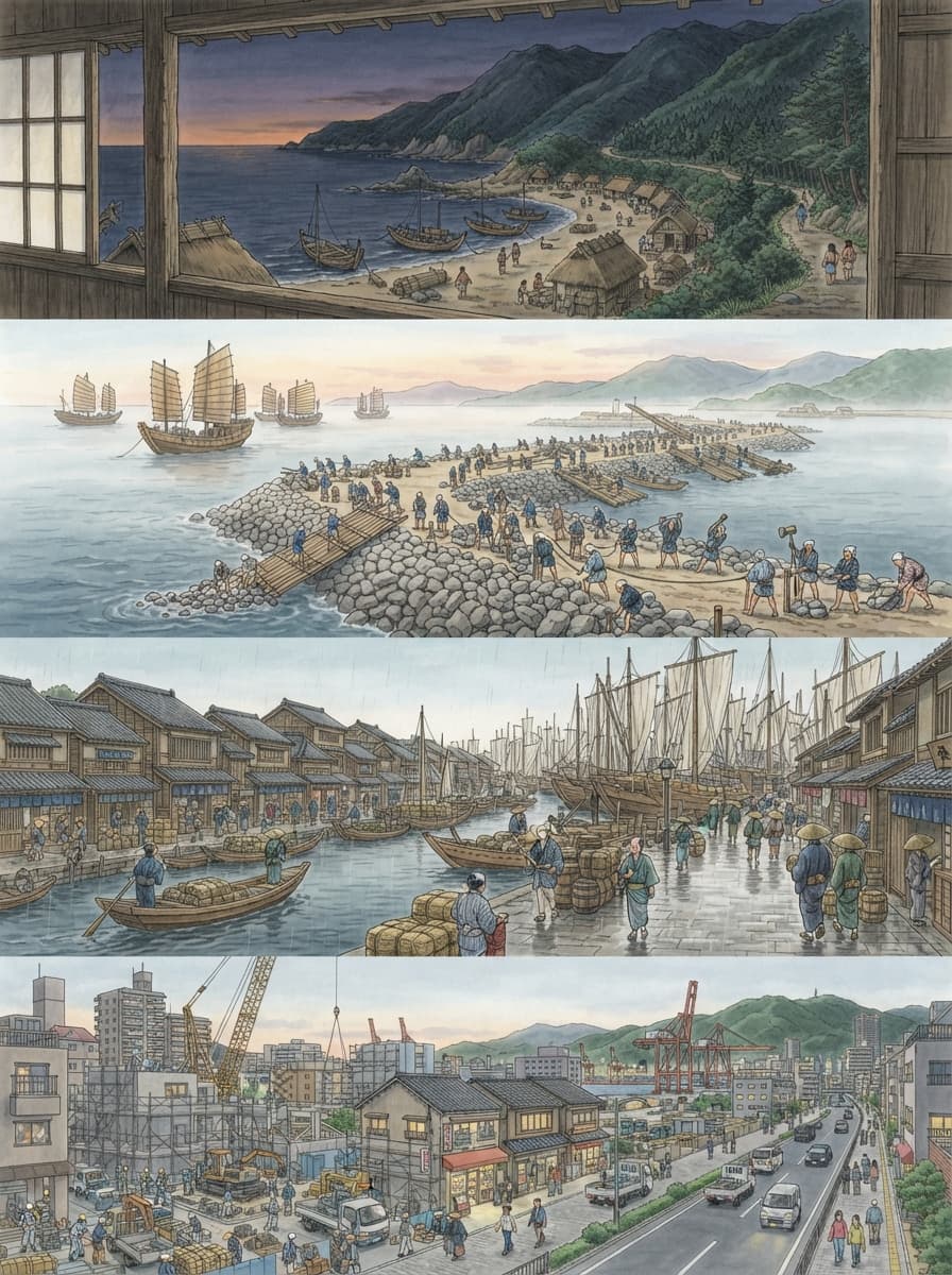 神戸市の歴史を古代から現代まで4コマでたどるイメージ