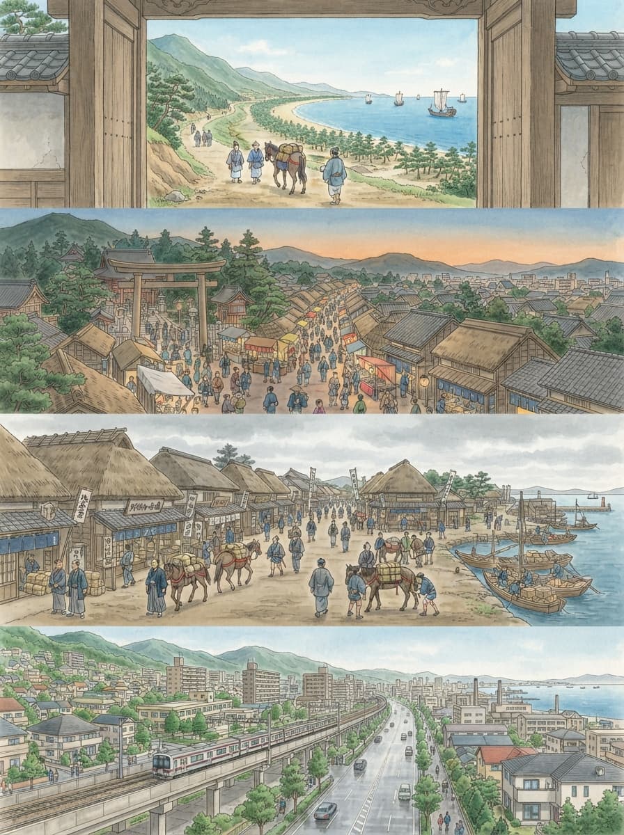 西宮市の歴史を古代から現代まで4コマでたどるイメージ