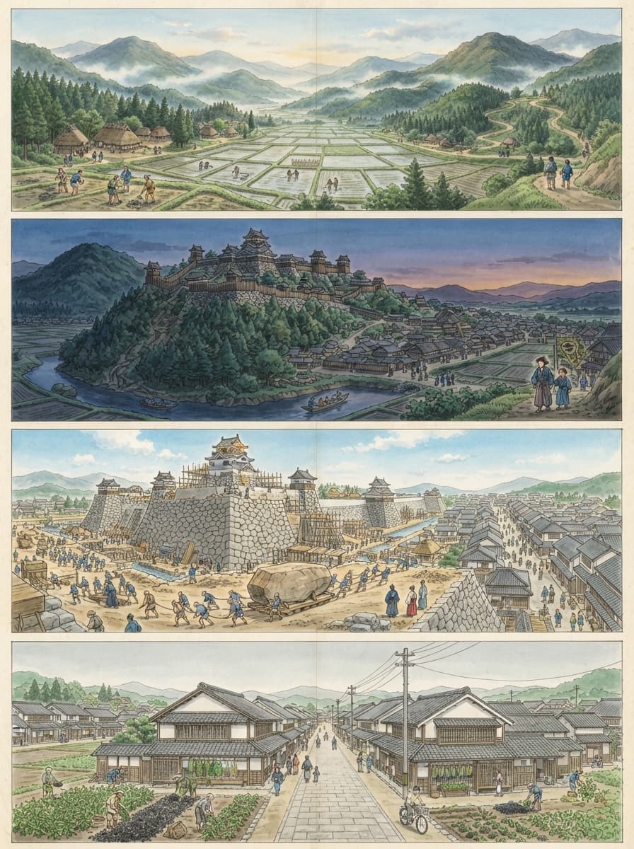 丹波篠山市の歴史を古代から現代まで4コマでたどるイメージ