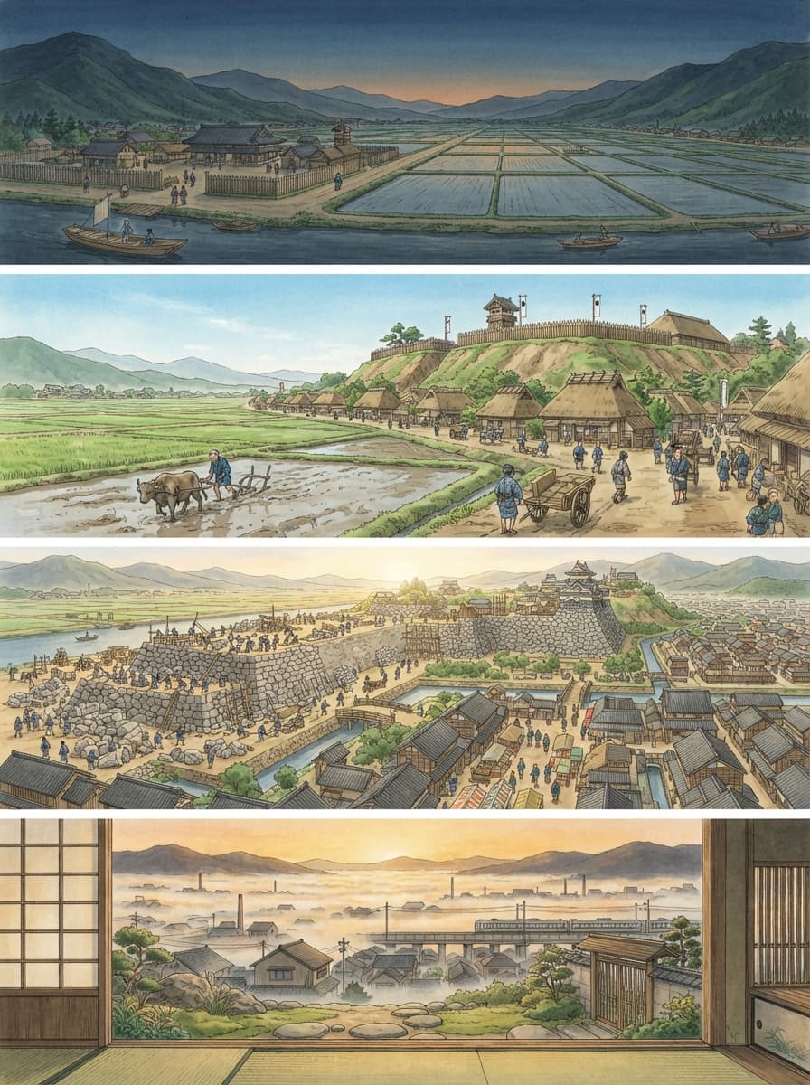 亀岡市の歴史を古代から現代まで4コマでたどるイメージ
