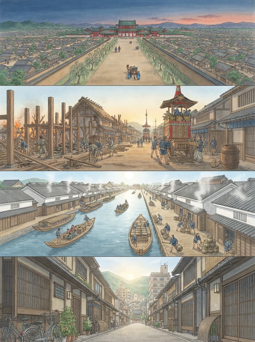 京都市の歴史を古代から現代まで4コマでたどるイメージ