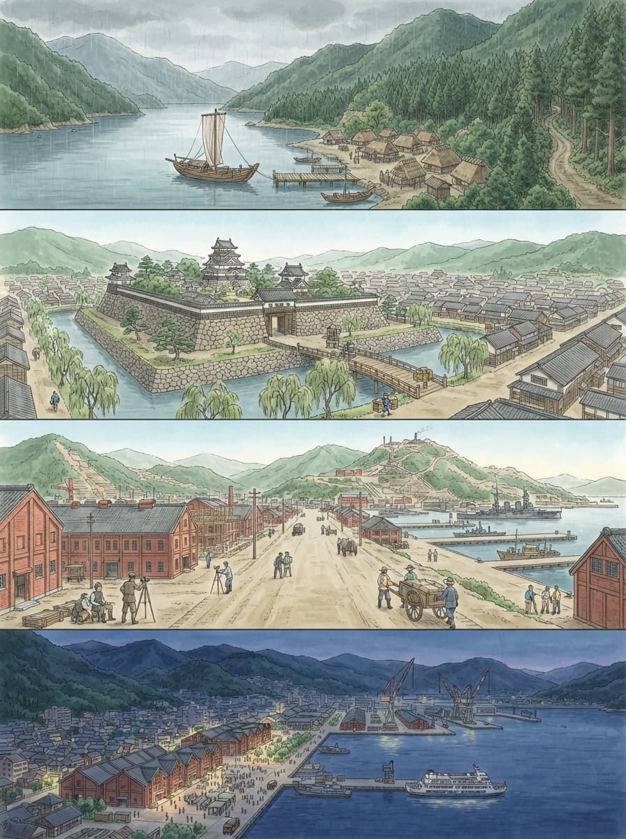 舞鶴市の歴史を古代から現代まで4コマでたどるイメージ