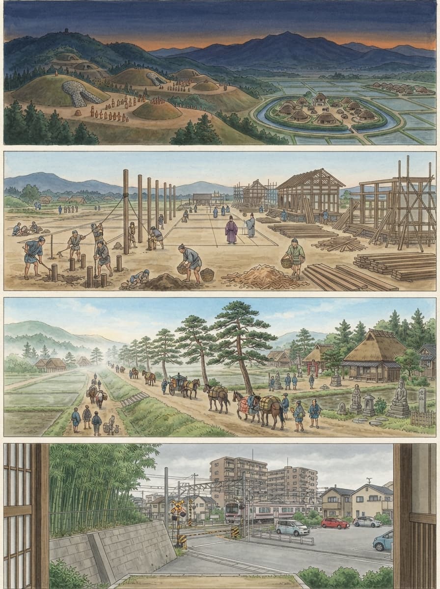 長岡京市の歴史を古代から現代まで4コマでたどるイメージ