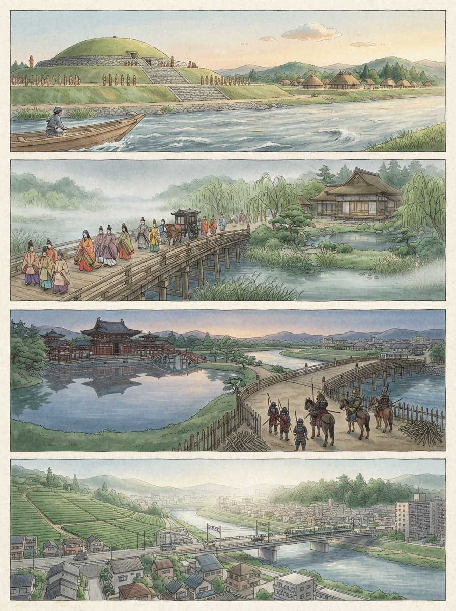 宇治市の歴史を古代から現代まで4コマでたどるイメージ