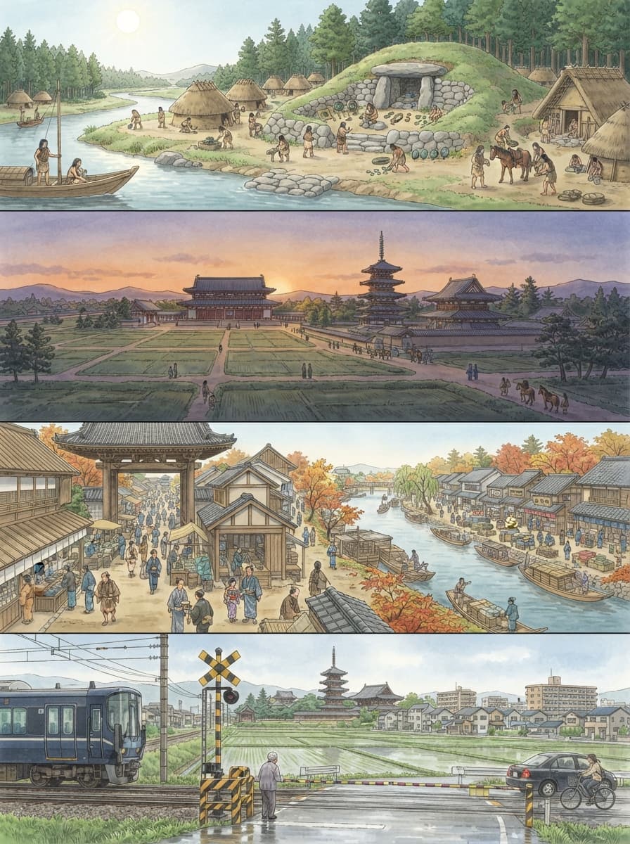 斑鳩町の歴史を古代から現代まで4コマでたどるイメージ