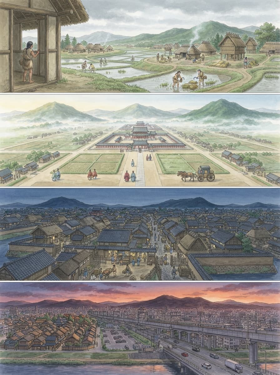 橿原市の歴史を古代から現代まで4コマでたどるイメージ