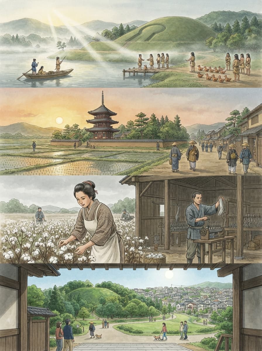 広陵町の歴史を古代から現代まで4コマでたどるイメージ