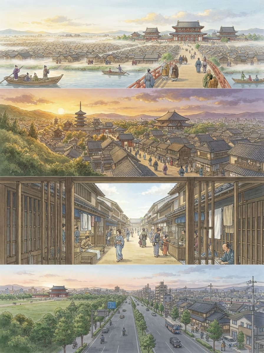 奈良市の歴史を古代から現代まで4コマでたどるイメージ