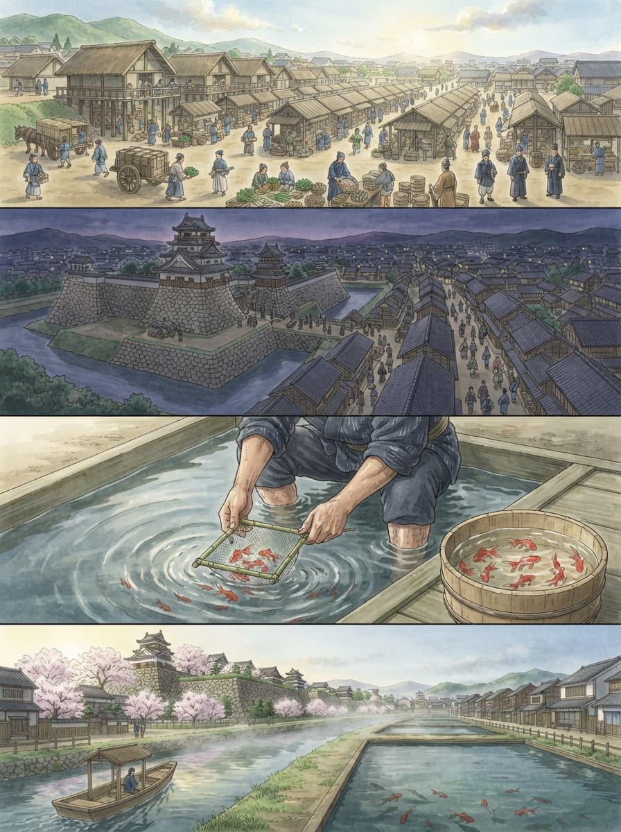 大和郡山市の歴史を古代から現代まで4コマでたどるイメージ