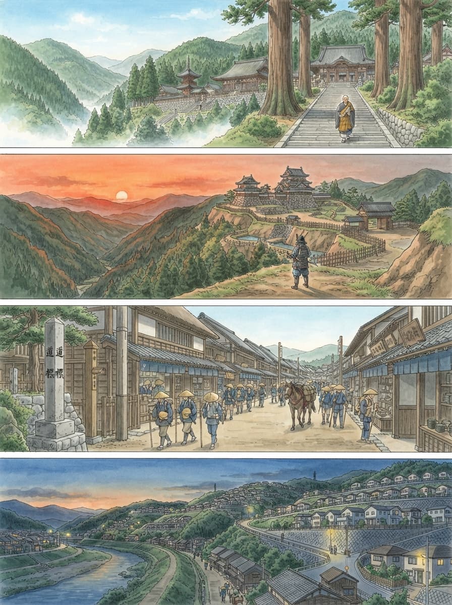 河内長野市の歴史を古代から現代まで4コマでたどるイメージ