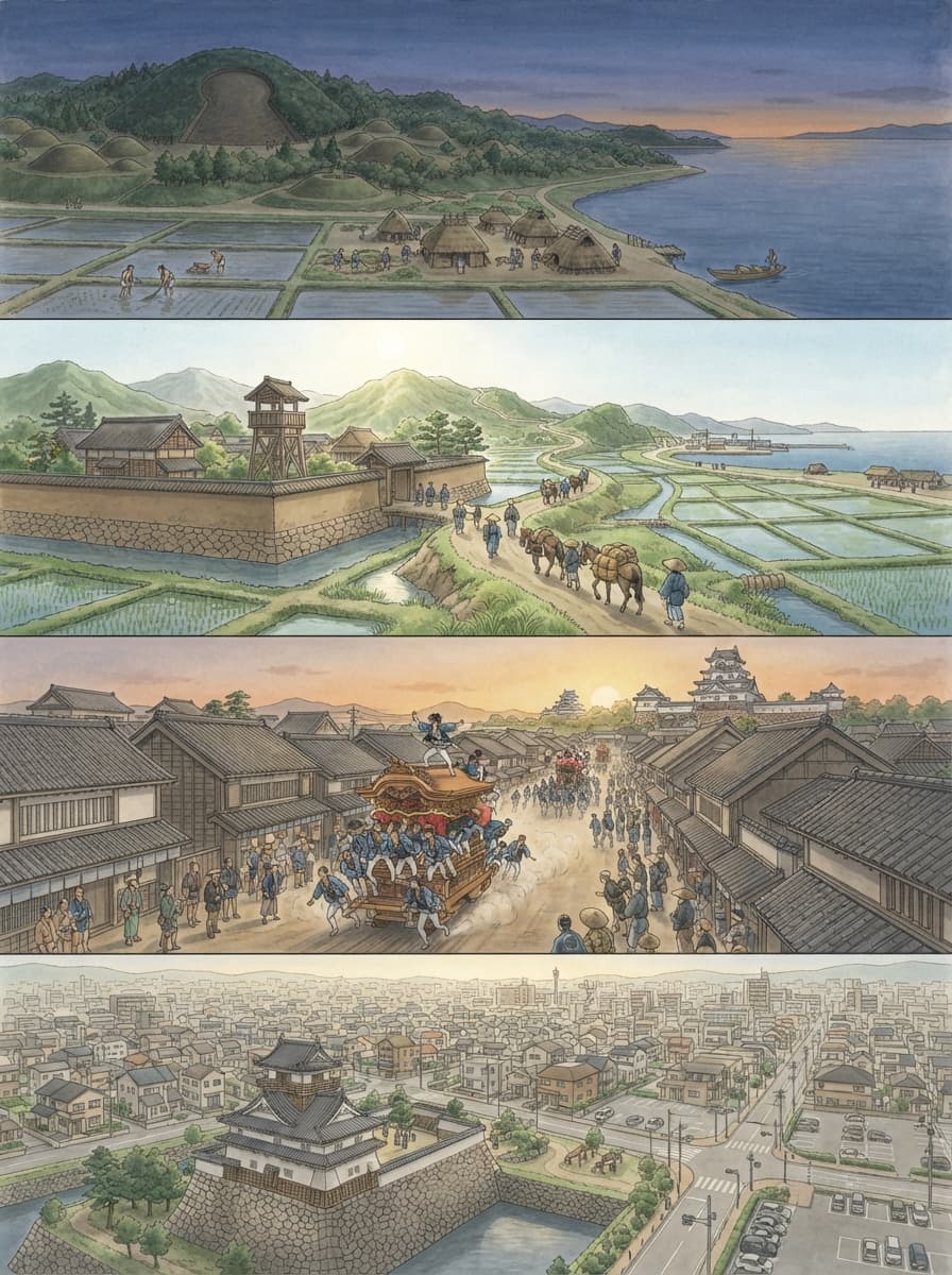 岸和田市の歴史を古代から現代まで4コマでたどるイメージ