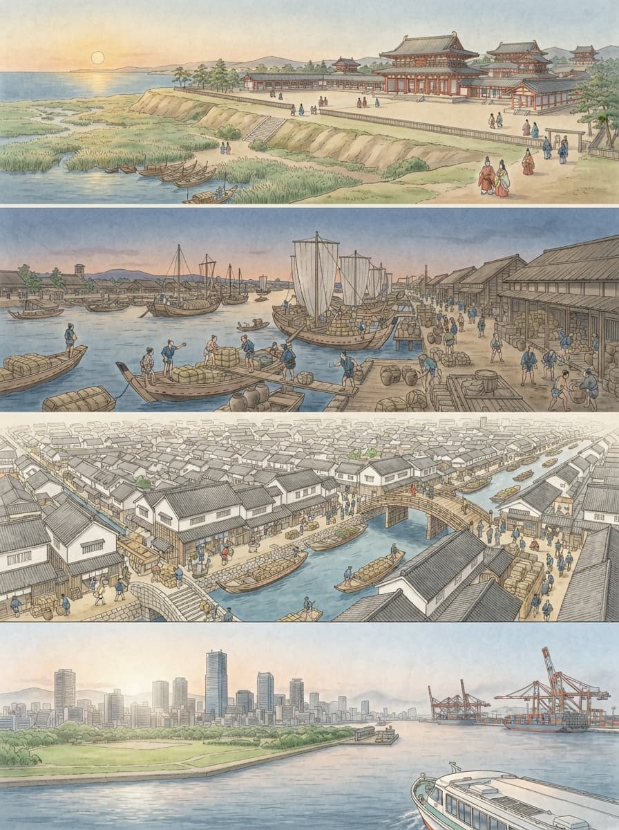 大阪市の歴史を古代から現代まで4コマでたどるイメージ