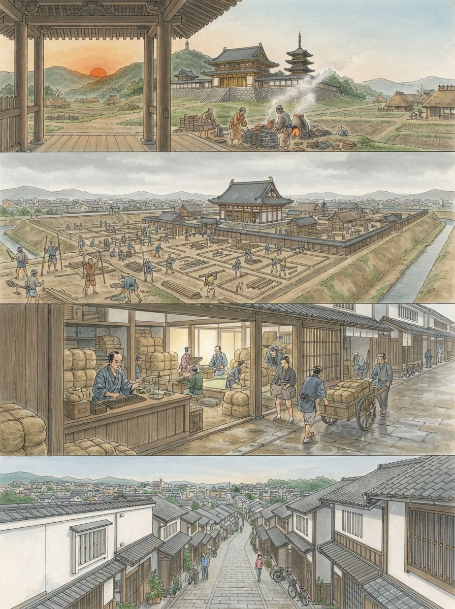 富田林市の歴史を古代から現代まで4コマでたどるイメージ