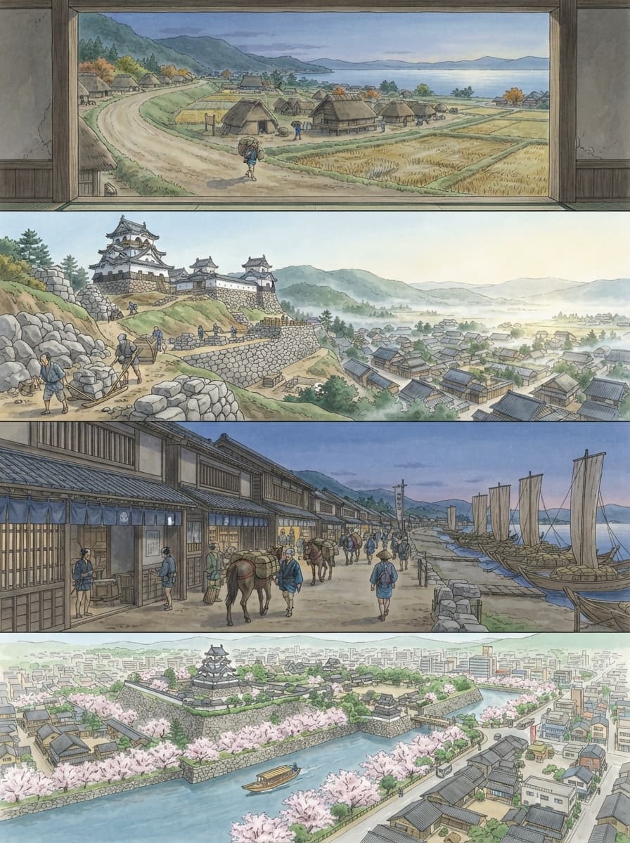彦根市の歴史を古代から現代まで4コマでたどるイメージ