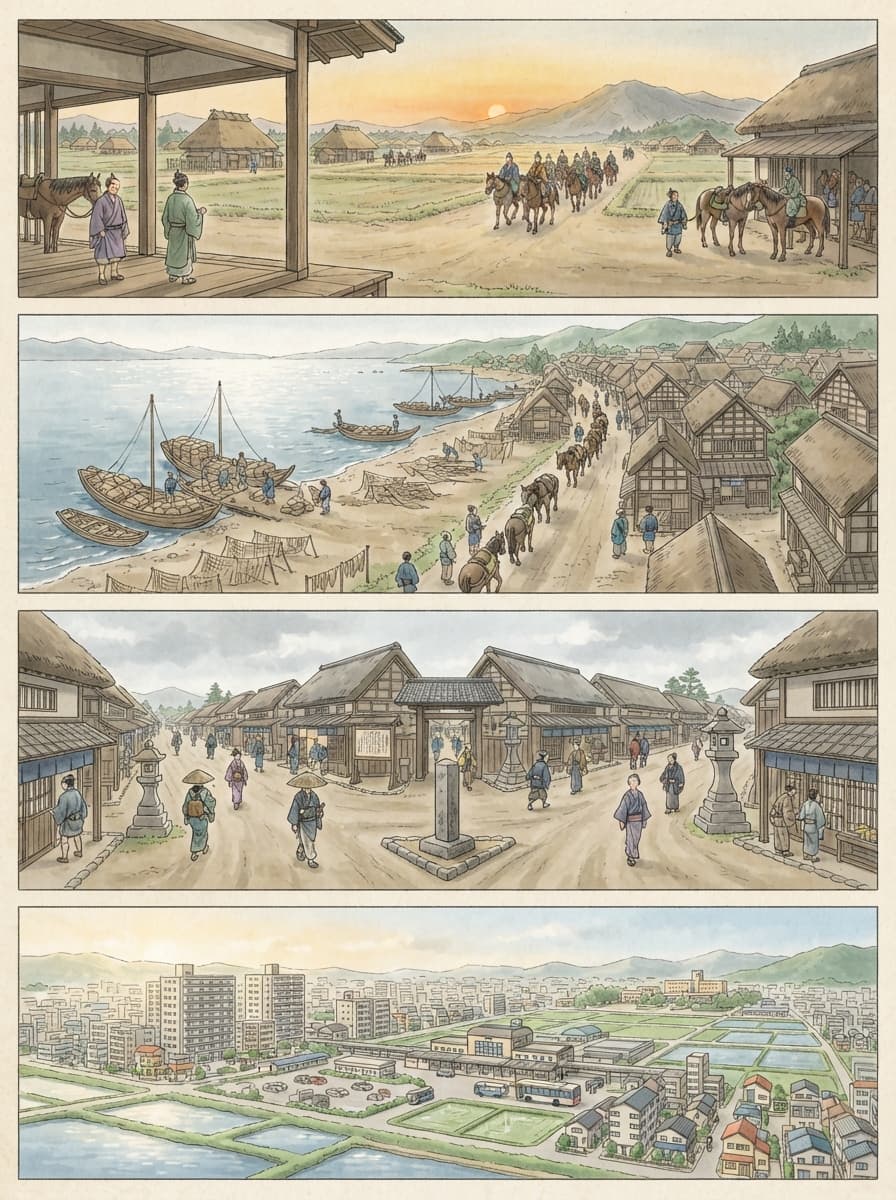 草津市の歴史を古代から現代まで4コマでたどるイメージ