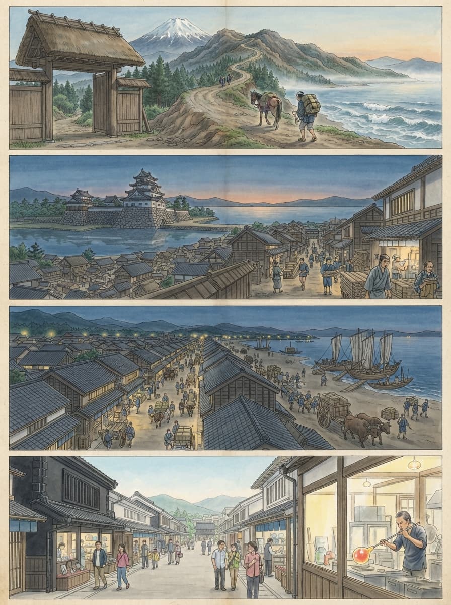 長浜市の歴史を古代から現代まで4コマでたどるイメージ