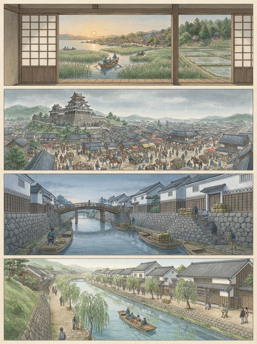 近江八幡市の歴史を古代から現代まで4コマでたどるイメージ