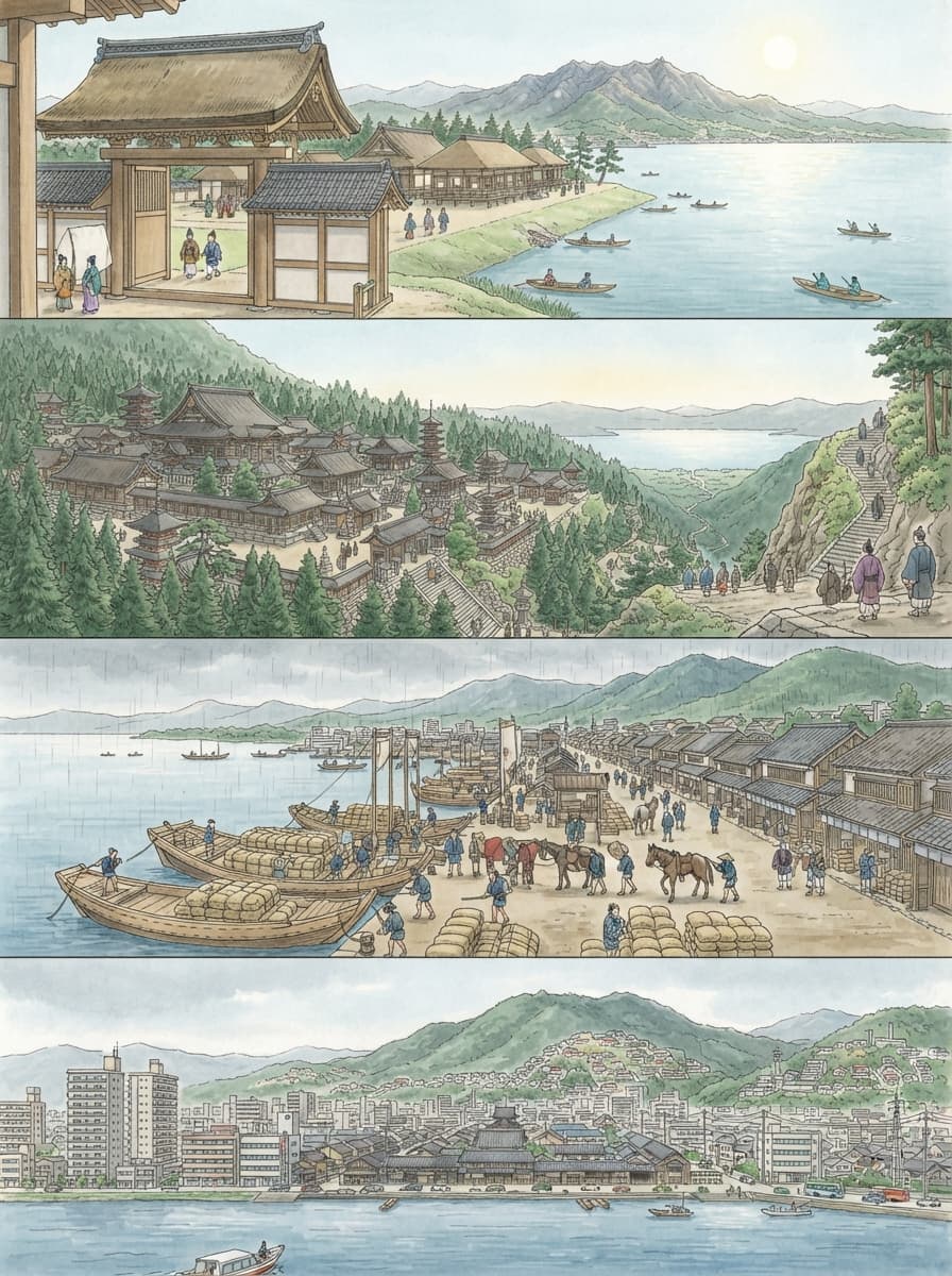 大津市の歴史を古代から現代まで4コマでたどるイメージ