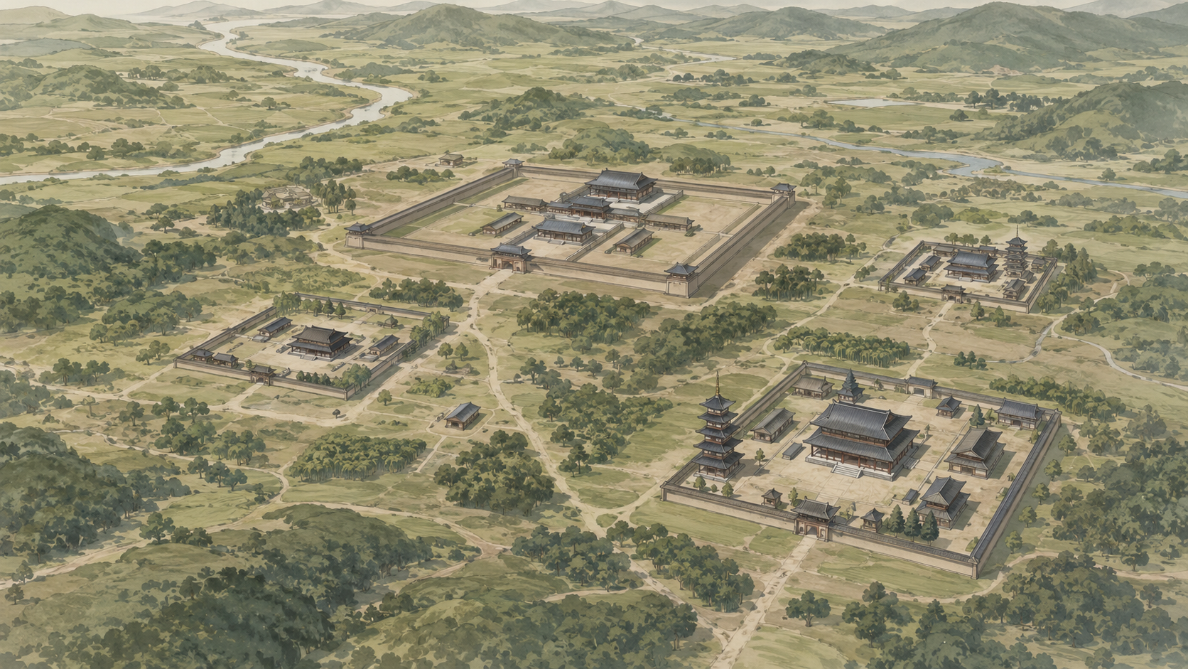 斑鳩宮と古代寺院群の位置関係を抽象化した俯瞰図