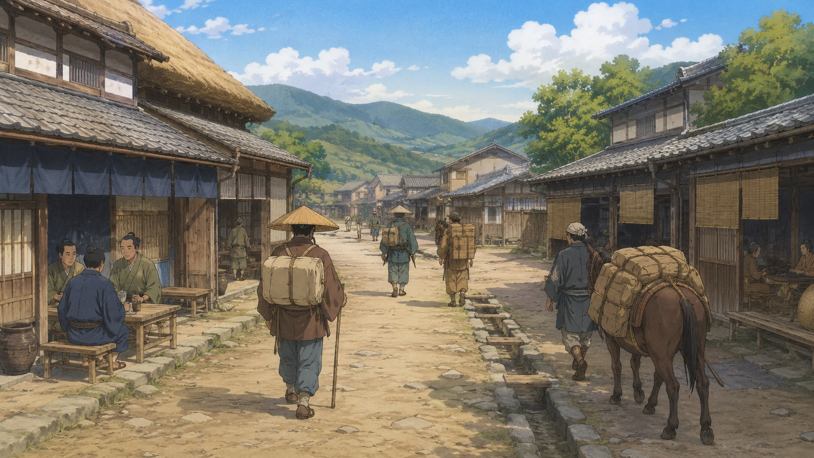 近世の竜田道を旅人と荷が行き交う宿場の場面
