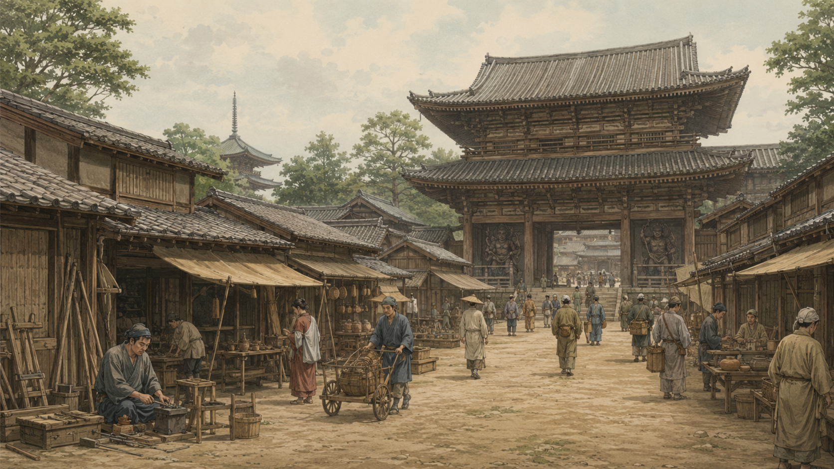 中世南都の寺院門前に職人と商人の住まいが集まる場面