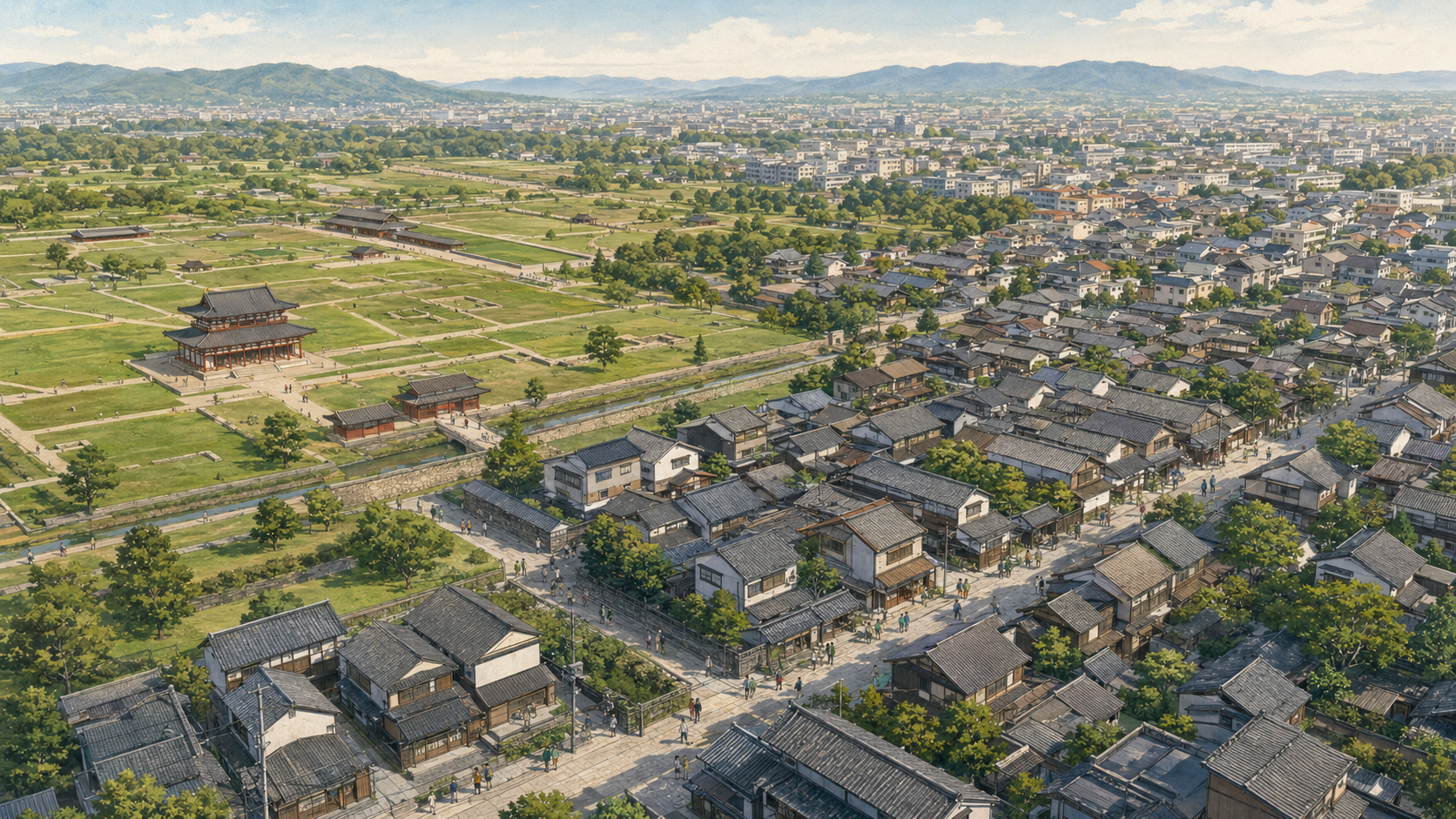 平城宮跡、奈良町、西部住宅地を三層で示す現在の奈良市の概念図
